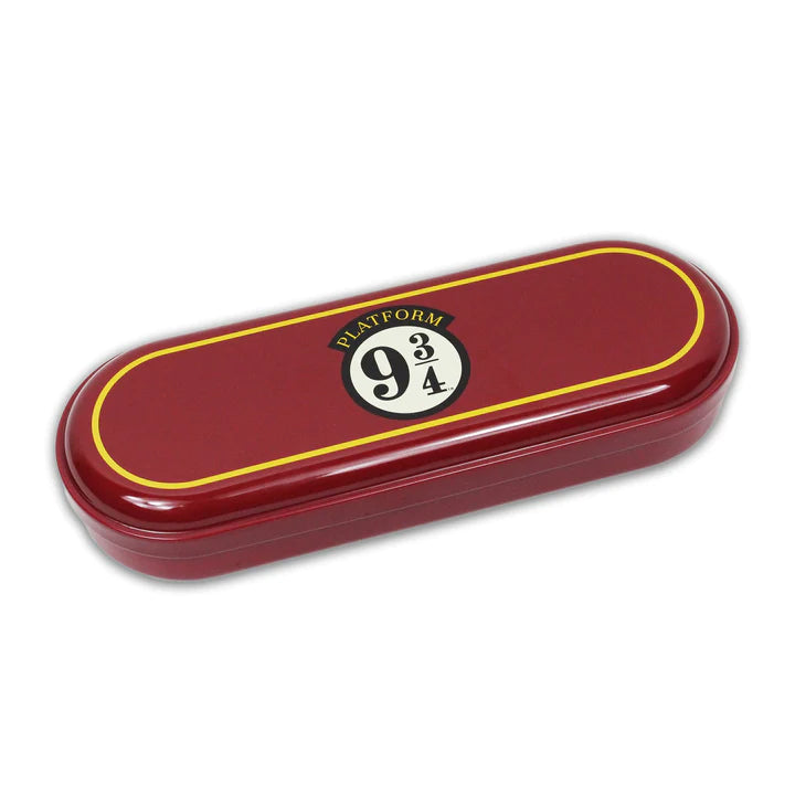 Dark red pencil tin with curved edges, featuring the Platform 9 & 3/4 logo and a golden trim.