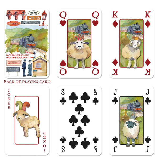 Examples of what the cards look like, with the NYMR design on the back of the cards, and a steam train and a sheep, each with a different crown for each of the Jack, Queen and King!