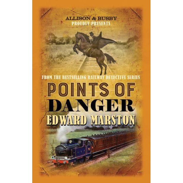 Illustrated book cover showing a highwayman in a black cloak on the back of a horse and a Victorian steam locomotive pulling a rake of teak coaches.