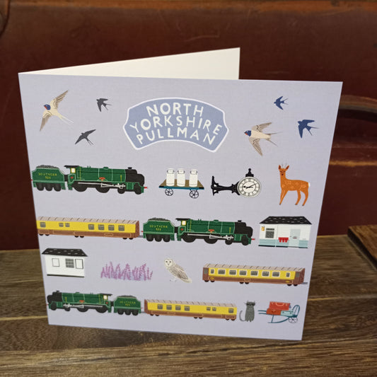 Illustrated card with simple images of the locomotive Repton, the Pullman carriages as well as local wildlife and station features.