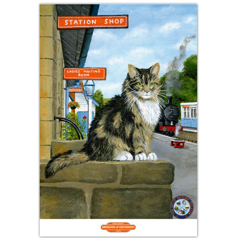Painting of a cat sat on the wall outside Grosmont Shop with the station and a locomotive in the background.
