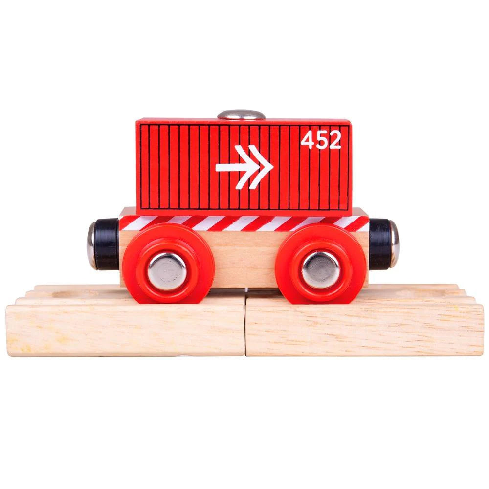 A cute little red continaner wagon with stripes and a go faster arrow!