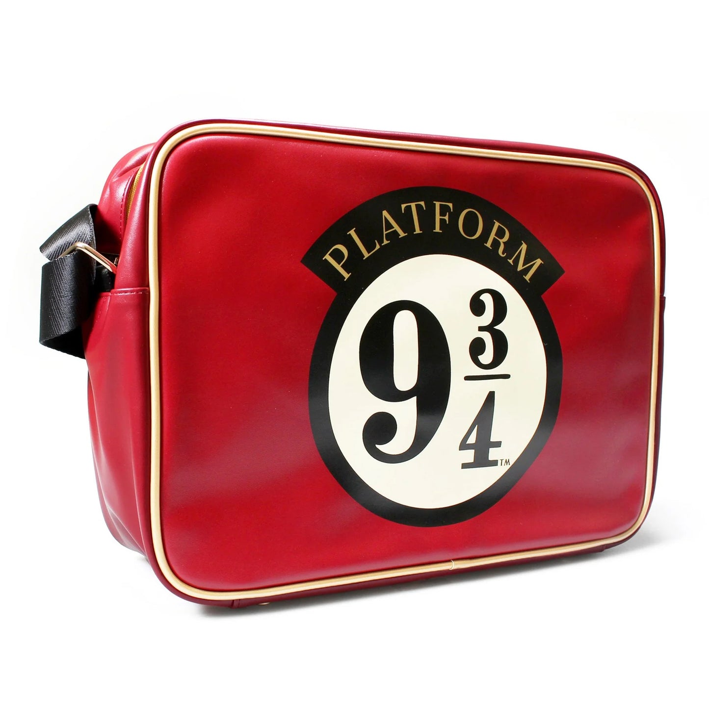 Red bag with gold coloured piping and the Platform 9 3/4 logo on the side.