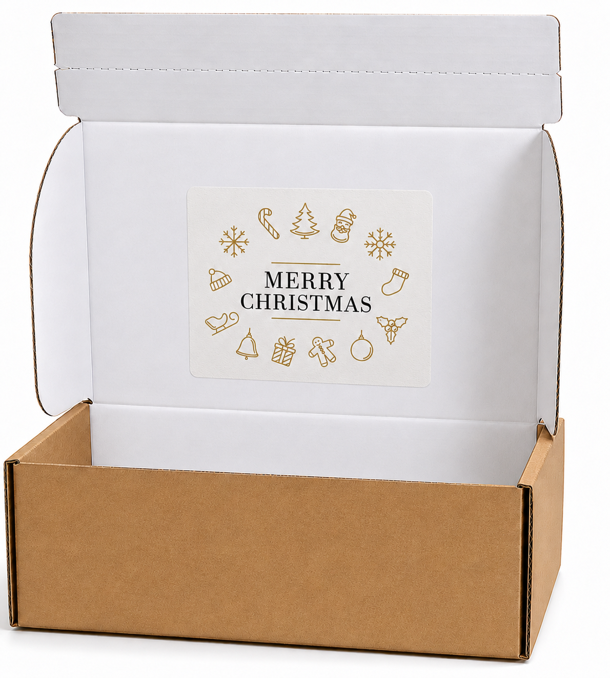 An open brown cardboard gift box with a white inner lid featuring a 'Merry Christmas' label with gold holiday icons, set against a plain white background.