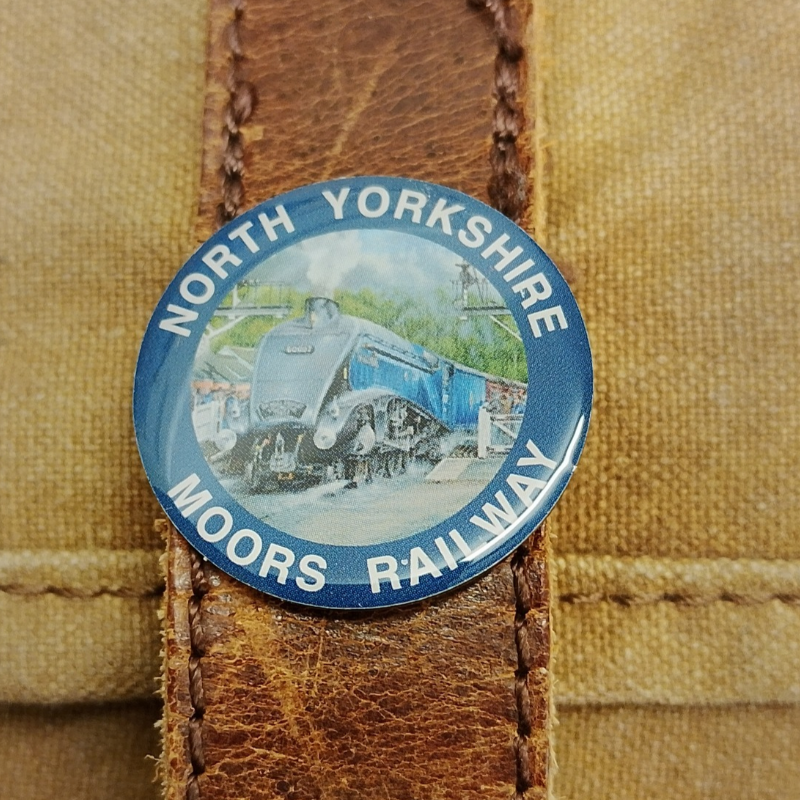 Pin badge is attached to a strap on a bag