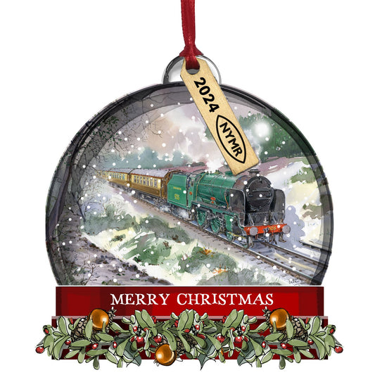 A round snow globe shaped tree decoration with locomotive 926 Repton in a snowy scene on the railway, decorated with a Christmas wreath along the bottom and a wooden tag with the year.