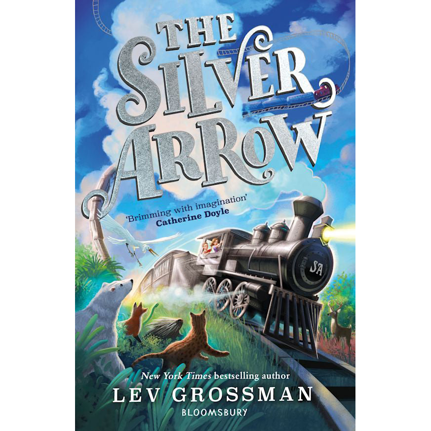 Book cover showing a fantastical steam locomotive travelling seemingly through the sky to run on tracks through a landscape full of wildlife.