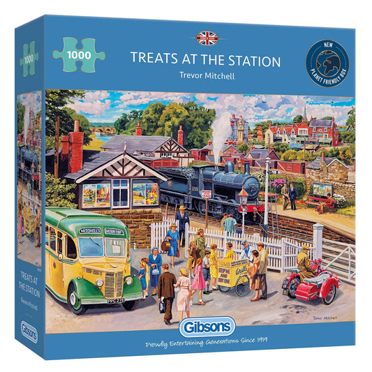 A busy village station with a steam locomotive, vintage bus, motorbike and sidecar, and an ice cream seller with a queue of customers on a sunny day.