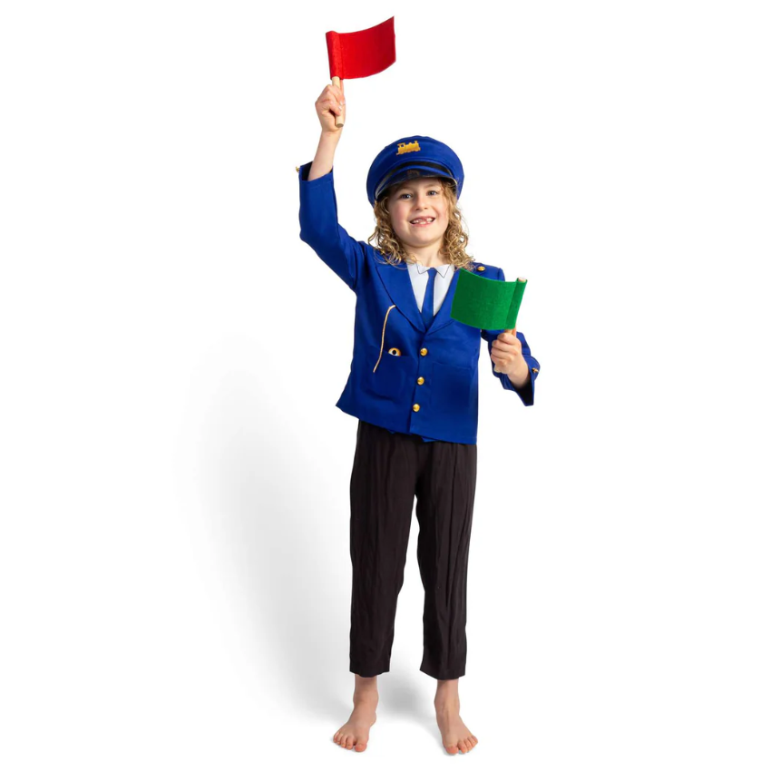 Chile wearing dress up jacket and hat and waving a red and green flag
