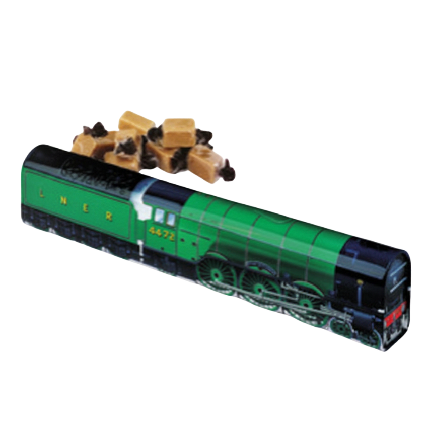 A long metal tin shaped like the locomotive Flying Scotsman