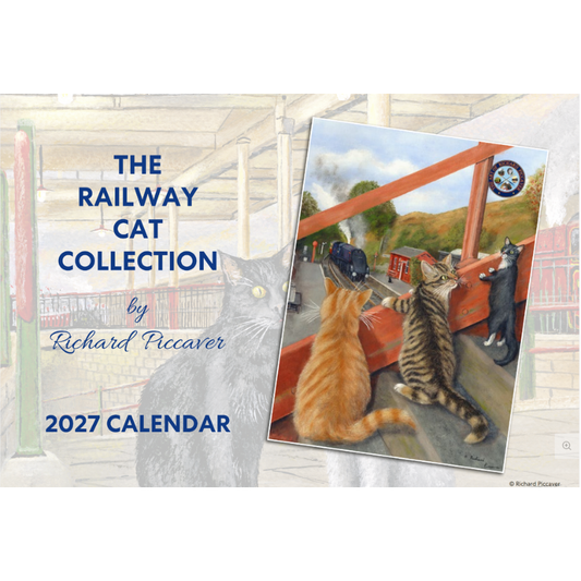 Cover of the 2027 Railway Cats calendar featuring an illustration of three cats on the footbridge at Goathland station with an A4 locomotive in the background.