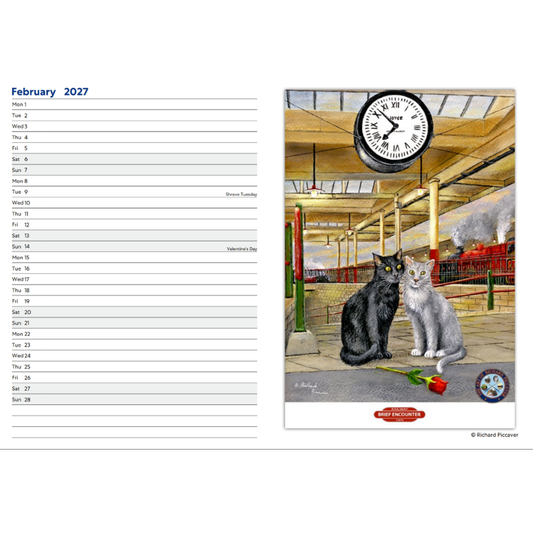 A page of the calendar with dates on the left hand side and space to rite appointments, and an image of two cats beneath a station clock on the right hand side.