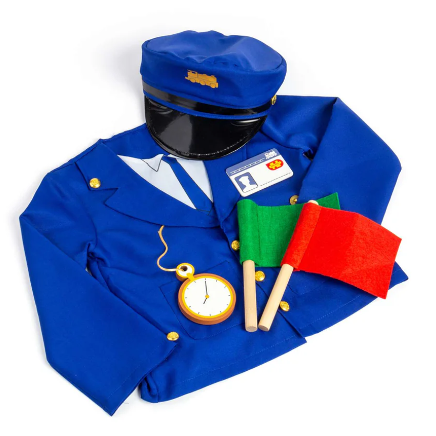 Blue jacket, and hat with red and green flags, a pocket watch and staff pass for kids dress up play
