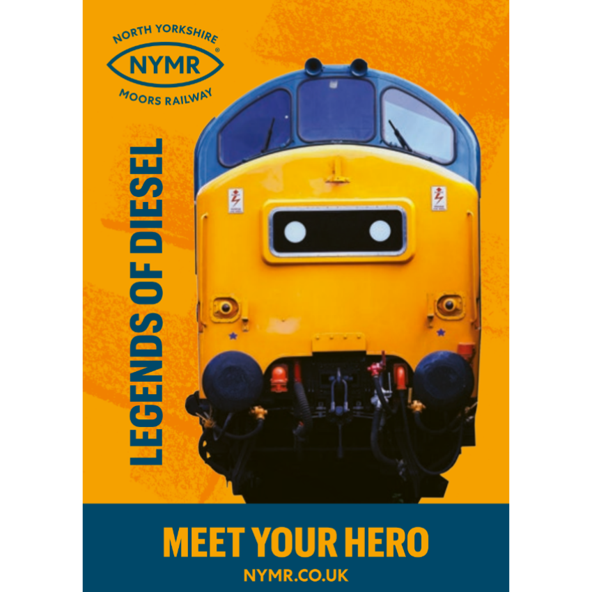 Class 37 diesel locomotive with 'Legends of Steam' and 'Meet Your Hero' text on a yellow background