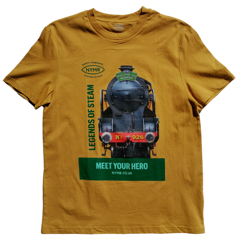 Yellow ochre t-shirt with locomotive  926 and the Ledgends of Steam text and NYMR logo