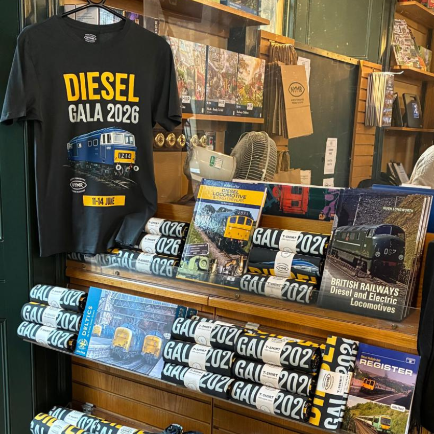 Display of merchandise with 'DIESEL GALA 2026' t-shirts and brochures in a store.