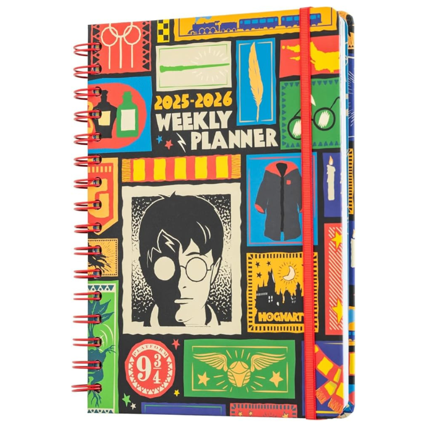 Weekly planner with colorful design featuring a character, text, and various elements on a white background.