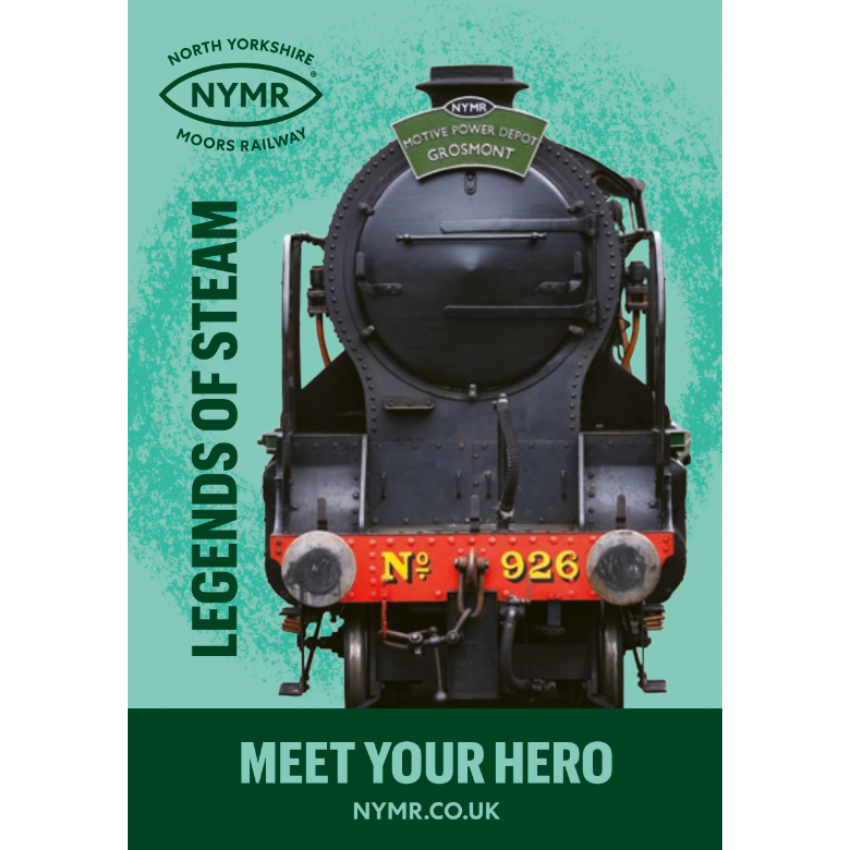 Steam locomotive with 'Legends of Steam' and 'Meet Your Hero' text on a green background