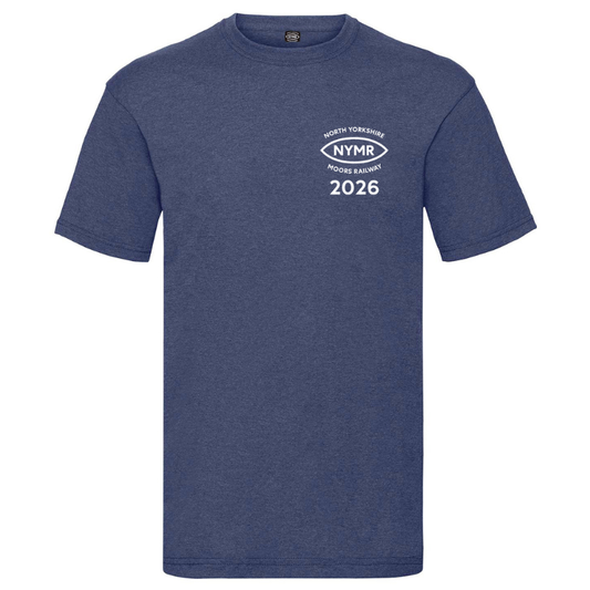 Front of t-shirt with NYMR logo and 2026 printed in white on left pocket area.
