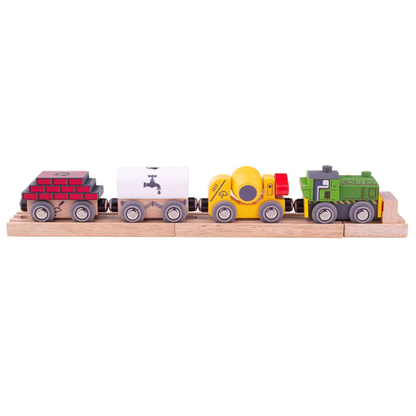 Set of colorful toy train cars on a wooden track with a white background