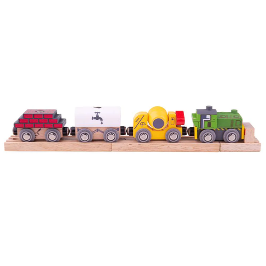 Set of colorful toy train cars on a wooden track with a white background