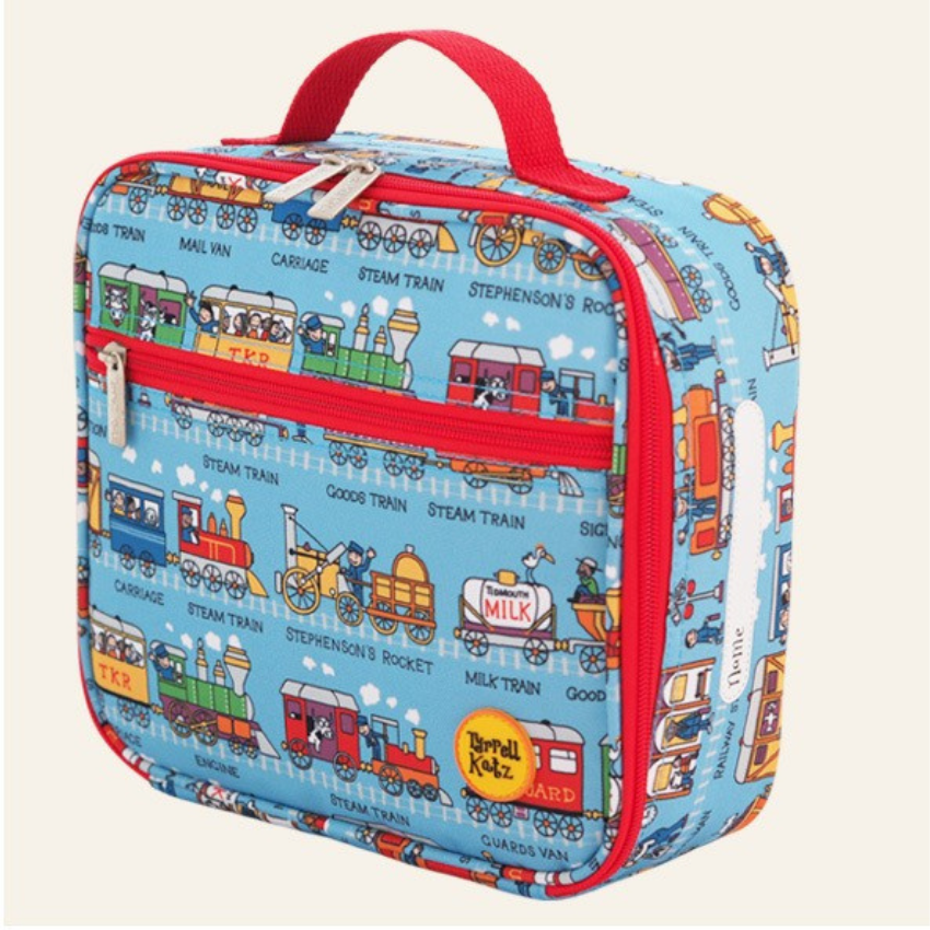 A padded lunch bag with funky train design in red and blue