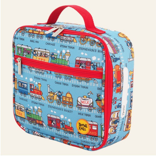 A padded lunch bag with funky train design in red and blue