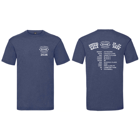 A heathered navy blue t-shirt shown from both the front and back. The front features a small white circular NYMR logo and 'Annual Seam Gala 2026' text.