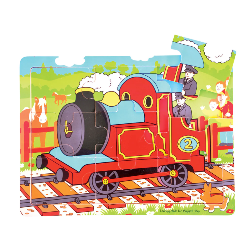 Children's puzzle with a red train on tracks, surrounded by greenery and animals.