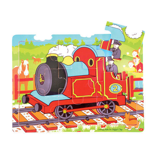 Children's puzzle with a red train on tracks, surrounded by greenery and animals.