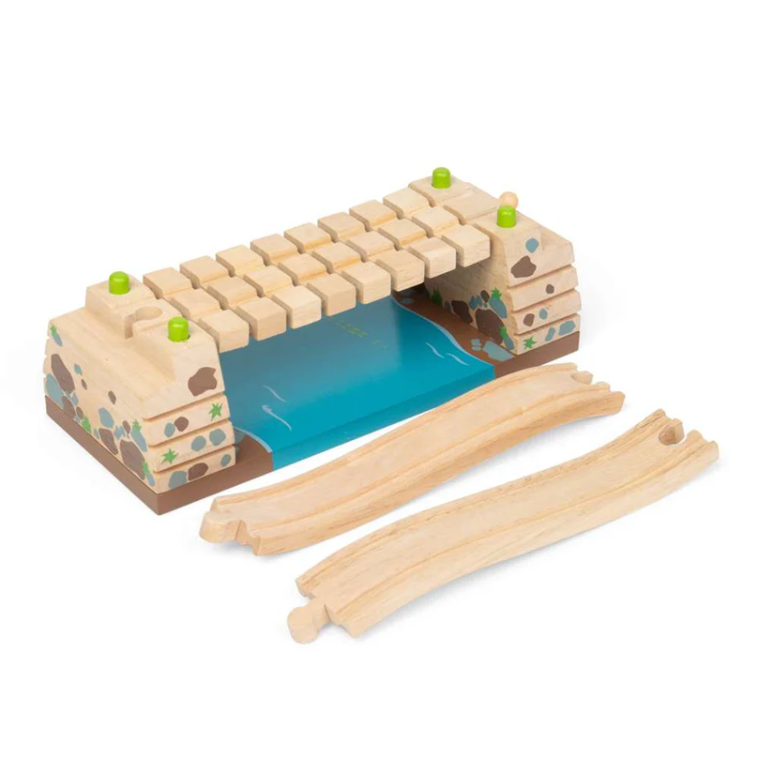 A wooden toy bridge with gaps that make a clickety clack noise when a train is pushed over the top. With wooden feature river underneath and two props to connect with level track