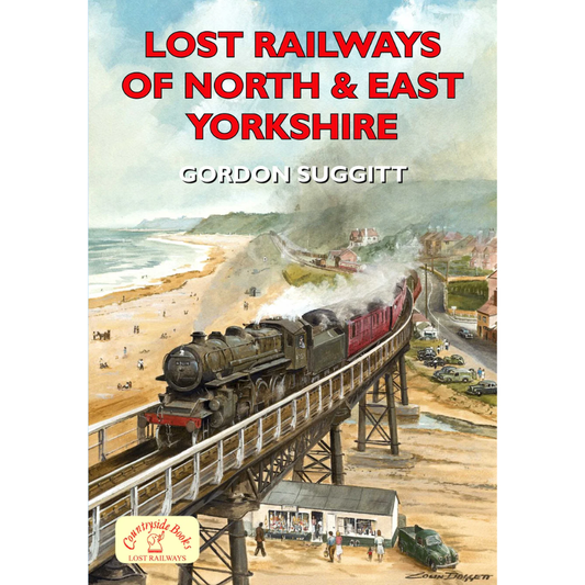 Book cover of 'Lost Railways of North & East Yorkshire' with a steam train on a bridge.