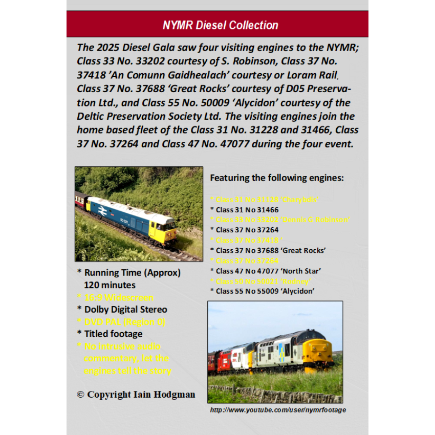 Promotional flyer for NYMR Diesel Collection event with train images and text.