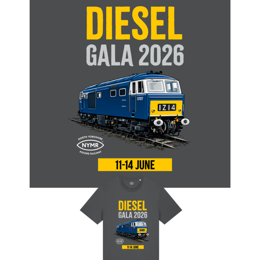 T-shirt design for the NYMR Diesel Gala 2026 featuring a blue diesel locomotive and event details on a dark grey background.