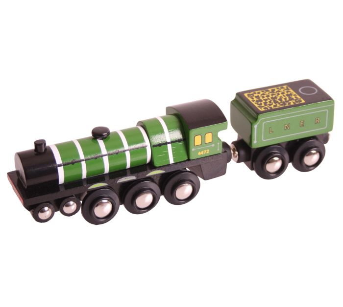 A wooden toy version of the Flying Scotsman with magnetic coupling.