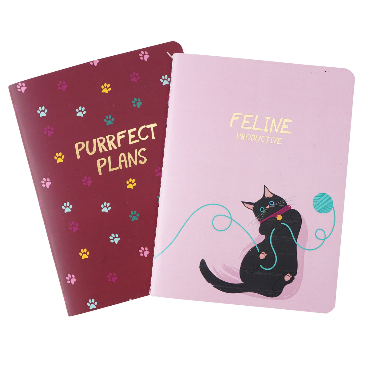 Two notebooks, one in burgundy with pawprint design and the words 'Purrfect Plans'. The other is pink with a black cat tangled up with a blue ball of wool and the words 'Feline Productive' on the front.
