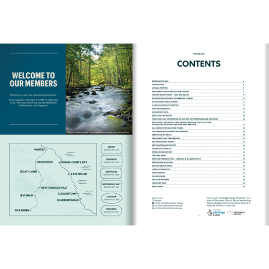 Page from a magazine or book with a nature-themed cover featuring a river and trees, and a map on the left side.