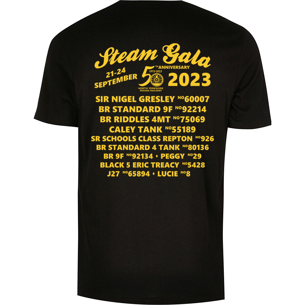 Back view of Gala T-Shirt in black with golden yellow print. Showing the date, the 50th Anniversary logo and a list of all locomotives in attendance including visiting and home fleet.