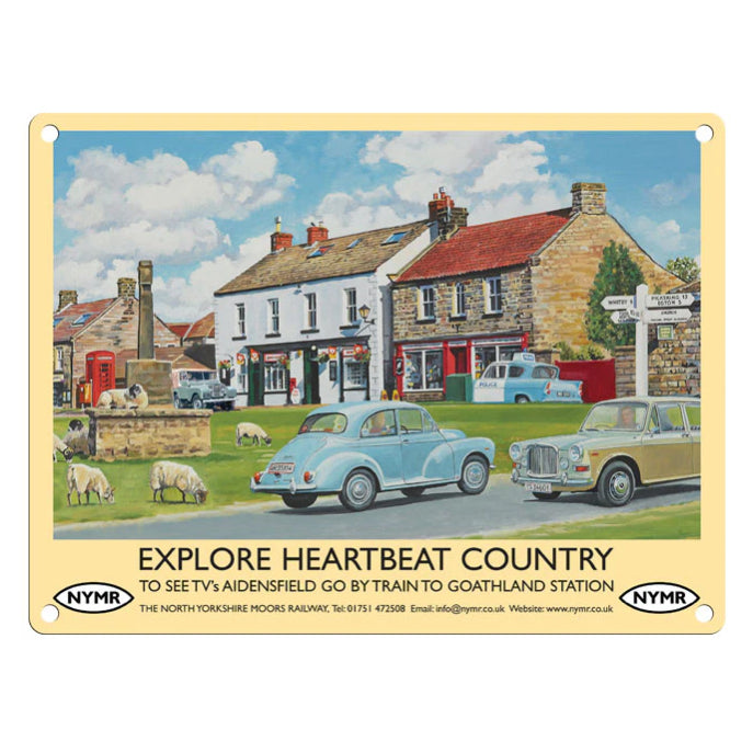 Image shows painting of Goathland village with the post office and shop as it existed in the 1960s, with vintage cars and a red phone box. Painting is bordered as if it was an old railway advertising poster.