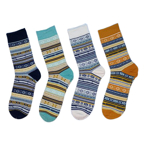 Four fabulous socks in co-ordinated colours with the same pattern featuring railway tracks and carriages!