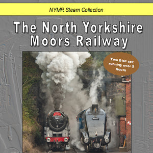 Grey front cover of DVD set with photo of two steam engines and NYMR Steam Collection on yellow stripe at top and The North Yorkshire Moors Railway printed above photo.