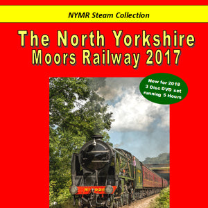 Red front cover of DVD set with photo of steam train and NYMR Steam Collection on yellow stripe at top and The North Yorkshire Moors Railway 2017 printed above photo.