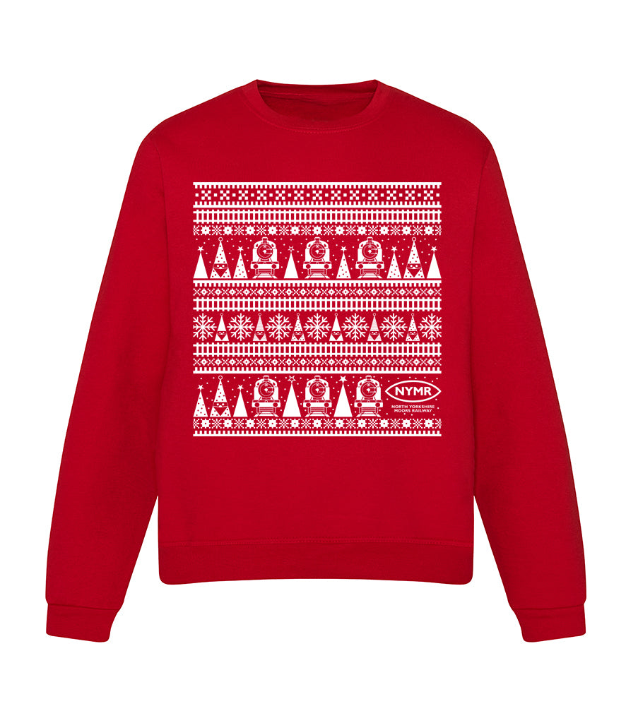 Red round necked sweatshirt with white design of trains, trees and snowflakes with N Y M R logo.
