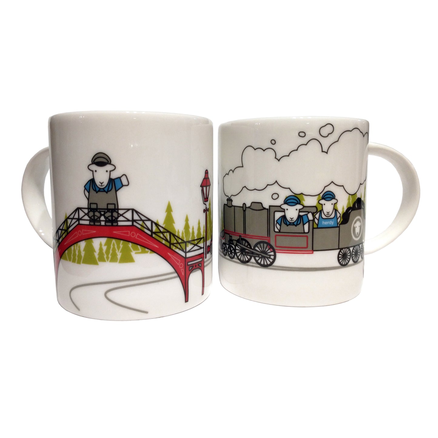 Both sides of  white Herdy Mug with coloured cartoon of Herdy on footbridge on one side and two Herdys driving steam engine on the other