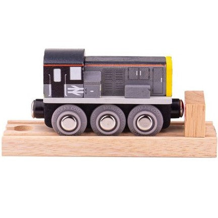 Wooden BJ Class 8 Diesel Shunter in shades of grey and black with a yellow front. On a short length of wooden track with buffers.