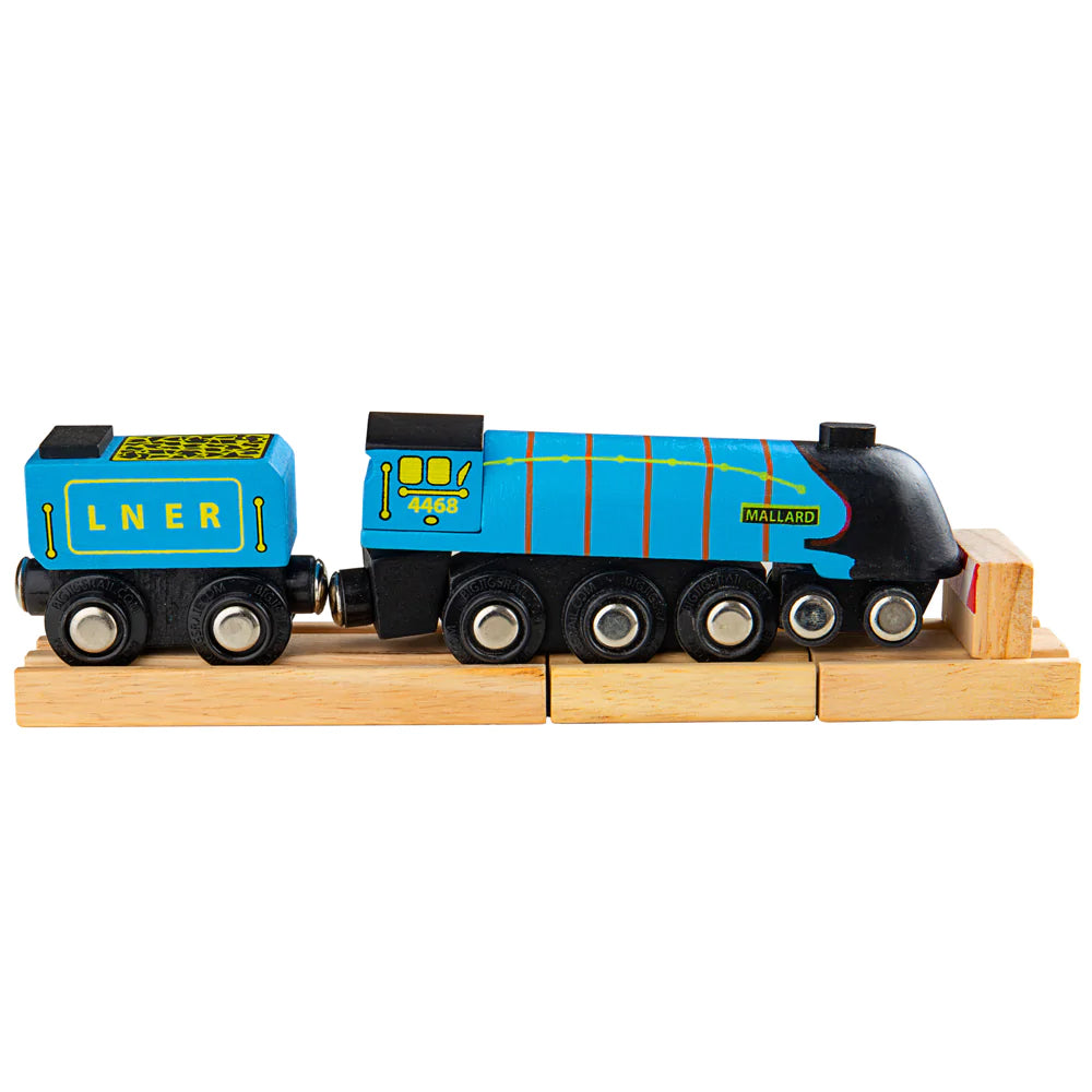 Blue wooden Mallard engine and coal wagon with magnetic coupling on a short length of wooden track with buffers.
