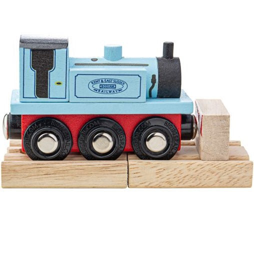 Pale blue and red wooden LB&SCR A1 Class locomotive also known as Terriers.  The engine has magnetic couplings. With short length of wooden track and buffer.