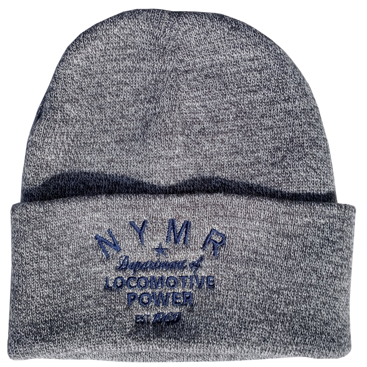 The grey beanie with navy embroidery