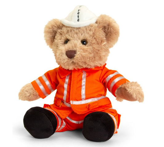 Gold coloured teddy bear in orange reflective suit and white hard hat with Pete written on front