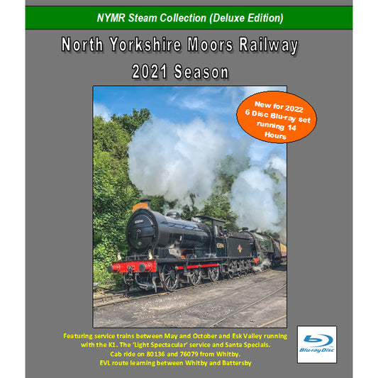 Grey front cover of Blu-Ray set with photo of steam train and NYMR Steam Collection (Deluxe Edition) on green stripe at top and North Yorkshire Moors Railway 2021 Season printed above photo.